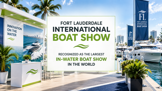 Outdoor trade show booth with weighted banner stands and a branded canopy tent at a waterfront boat show