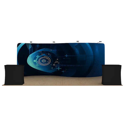 20ft x 8ft S-Curve Waveline Fabric Display Single-Sided, CA500 Counter w/Black Wrap & Lights (Graphic Package)