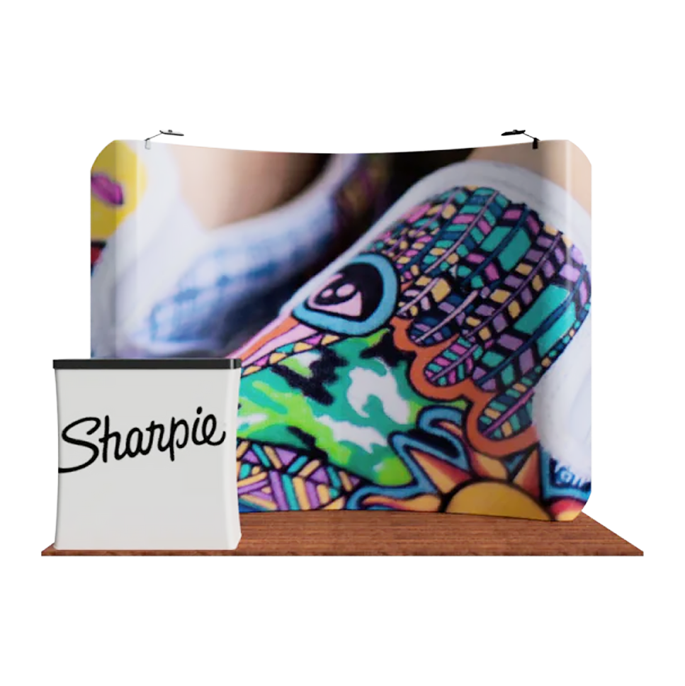 10ft x 8ft Curved Waveline Fabric Display Single-Sided, CA500 Counter w/Printed Wrap & Lights (Graphic Package)