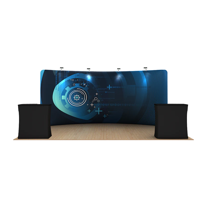 20ft x 8ft Curve Waveline Fabric Display Single-Sided, CA500 Counter w/Black Wrap & Lights (Graphic Package)