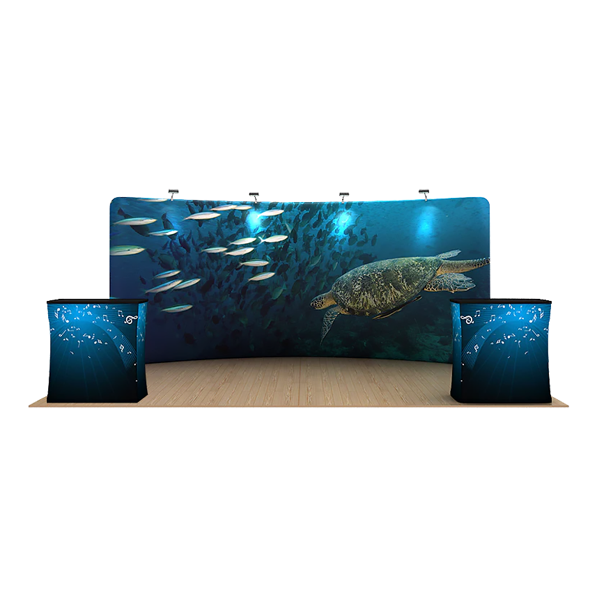 20ft x 8ft Curve Waveline Fabric Display Single-Sided, CA500 Counter w/Printed Wrap & Lights (Graphic Package)